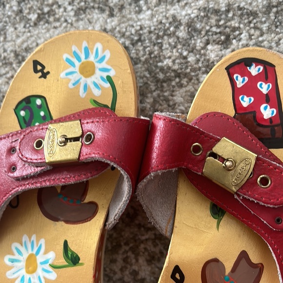 VTG Dr Scholls Hand Painted Floral Western Cowboy Boot EUC Wood Sandals Clogs 8 - Picture 3 of 16